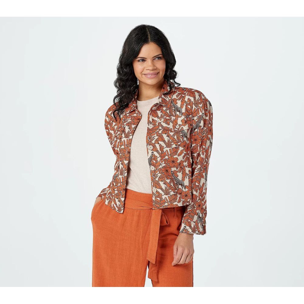 Womens Linen Jacket Size‎ M Animal Print Giraffe Floral Safari Button Top